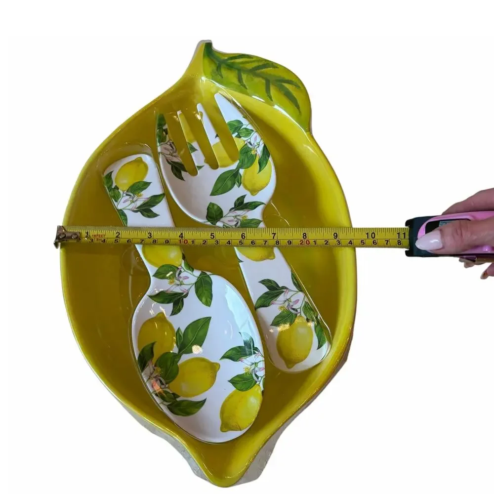 3pc Lemon Shaped Melamine Serving Bowl w/ Utensils Set 16x9.5 NEW